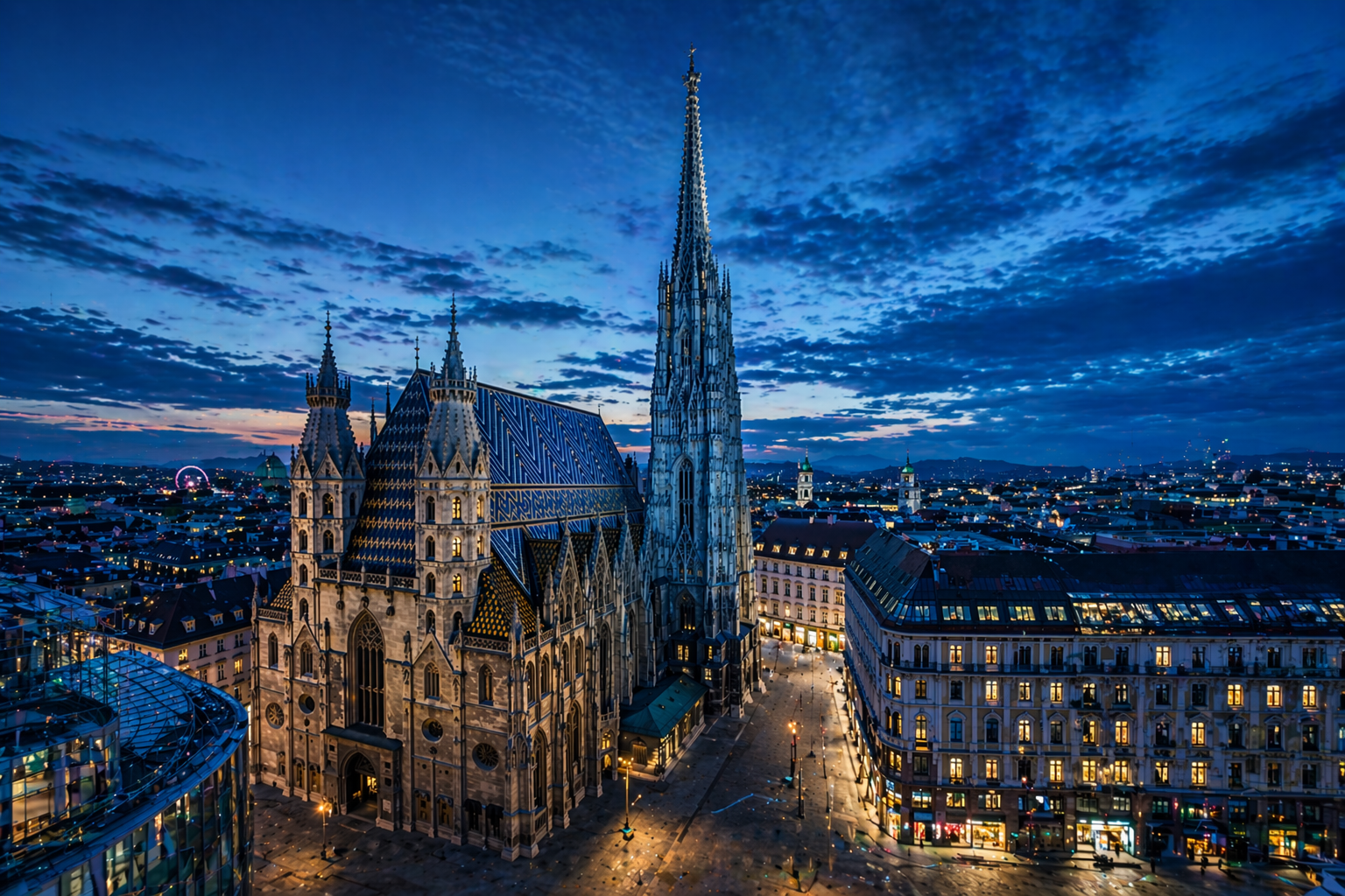 St. Stephen's Cathedral, Vienna — aerial sunset view